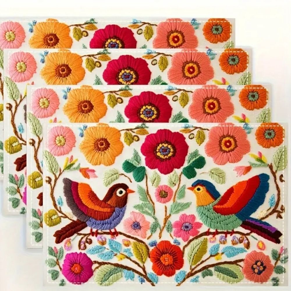 Floral Bird Pattern Linen Placemats 4pcs.